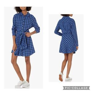 STEVE MADDEN Peyton Long Sleeve Blue Plaid Shirtdress